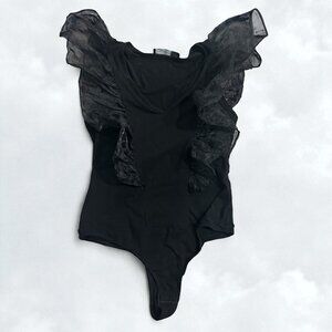 NY & CO Black Ruffle Shoulder Bodysuit Size Small